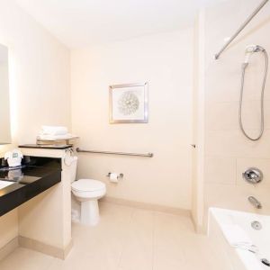 Guest bathroom with shower at Best Western San Diego Zoo/SeaWorld Inn & Suites.