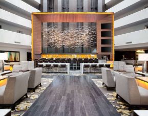 Lobby and coworking lounge at Hilton McLean Tysons Corner.