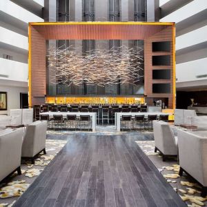 Lobby and coworking lounge at Hilton McLean Tysons Corner.