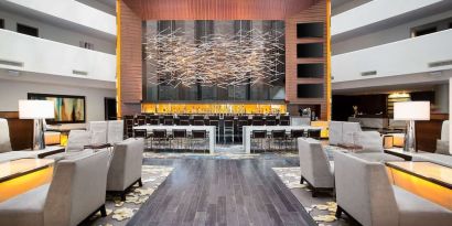 Lobby and coworking lounge at Hilton McLean Tysons Corner.