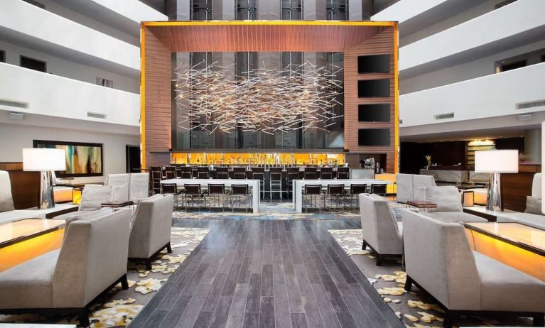 Lobby and coworking lounge at Hilton McLean Tysons Corner.