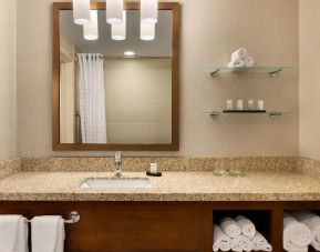 Guest bathroom with shower at Embassy Suites By Hilton Denver Downtown Convention Center.