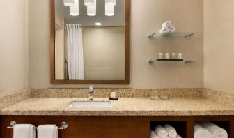 Guest bathroom with shower at Embassy Suites By Hilton Denver Downtown Convention Center.