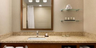 Guest bathroom with shower at Embassy Suites By Hilton Denver Downtown Convention Center.