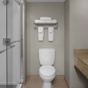 Guest bathroom with shower at Courtyard By Marriott Cypress Anaheim.