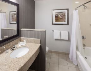 Guest bathroom with shower and tub at Courtyard By Marriott Santa Clarita Valencia.