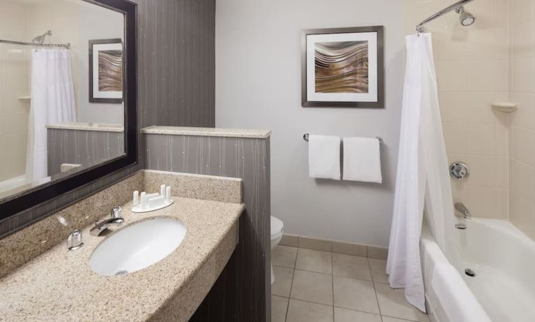 Guest bathroom with shower and tub at Courtyard By Marriott Santa Clarita Valencia.