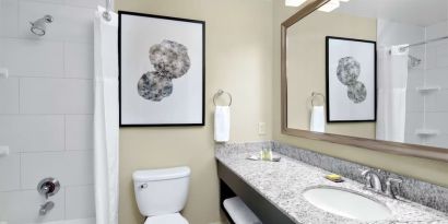 Guest bathroom with shower and tub at DoubleTree Suites By Hilton Hotel Charlotte - SouthPark.