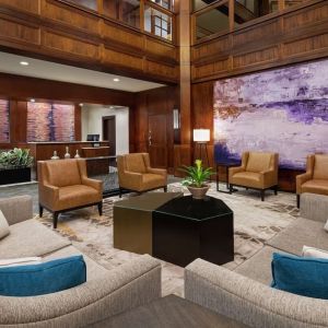 Lobby and coworking lounge at DoubleTree Suites By Hilton Hotel Charlotte - SouthPark.