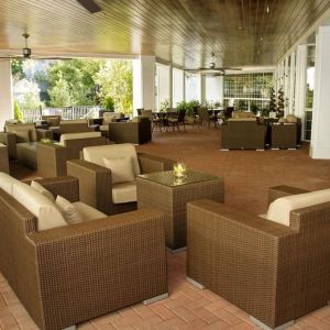 Patio perfect for coworking at DoubleTree Raleigh Durham Airport At Research Triangle Park.