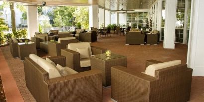 Patio perfect for coworking at DoubleTree Raleigh Durham Airport At Research Triangle Park.