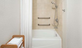 Guest bathroom with shower and tub at DoubleTree Raleigh Durham Airport At Research Triangle Park.