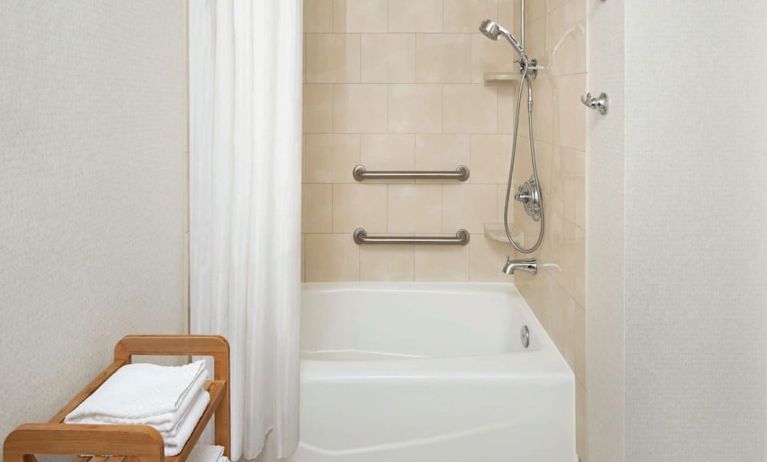 Guest bathroom with shower and tub at DoubleTree Raleigh Durham Airport At Research Triangle Park.