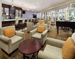 Lobby and coworking lounge at DoubleTree Raleigh Durham Airport At Research Triangle Park.