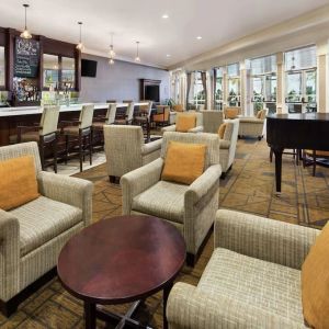 Lobby and coworking lounge at DoubleTree Raleigh Durham Airport At Research Triangle Park.