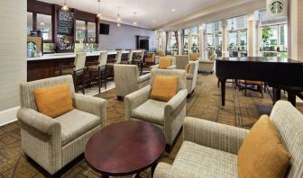 Lobby and coworking lounge at DoubleTree Raleigh Durham Airport At Research Triangle Park.