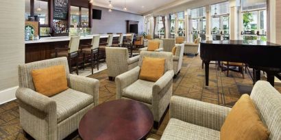 Lobby and coworking lounge at DoubleTree Raleigh Durham Airport At Research Triangle Park.