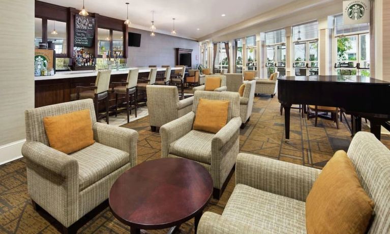 Lobby and coworking lounge at DoubleTree Raleigh Durham Airport At Research Triangle Park.