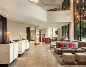 Lobby and coworking lounge at Crowne Plaza Dallas Market Center.