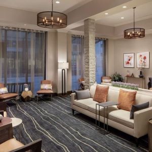 Lobby and coworking lounge at Embassy Suites By Hilton Fort Worth Downtown.
