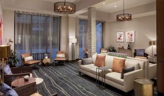 Lobby and coworking lounge at Embassy Suites By Hilton Fort Worth Downtown.
