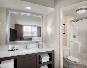 Guest bathroom with shower at Embassy Suites By Hilton Fort Worth Downtown.

