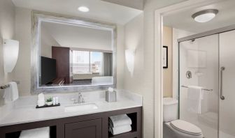 Guest bathroom with shower at Embassy Suites By Hilton Fort Worth Downtown.

