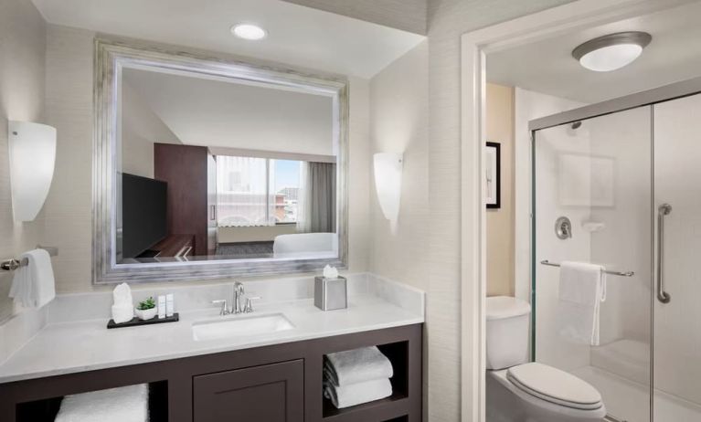 Guest bathroom with shower at Embassy Suites San Antonio.