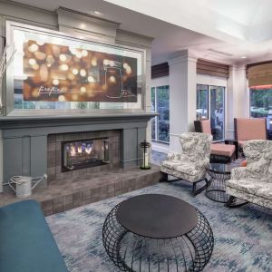 Lobby and coworking lounge at Hilton Garden Inn Sacramento/South Natomas.