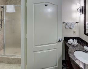 Guest bathroom with shower at Homewood Suites Agoura Hills.
