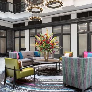 Lobby and coworking lounge at Homewood Suites By Hilton Nashville.