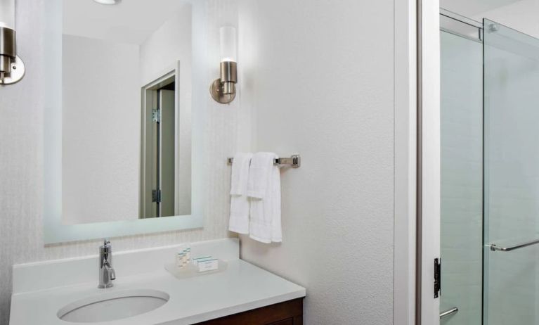 Guest bathroom with shower at Homewood Suites By Hilton Nashville.