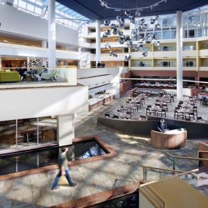 Lobby and coworking lounge at Hyatt Regency Princeton.