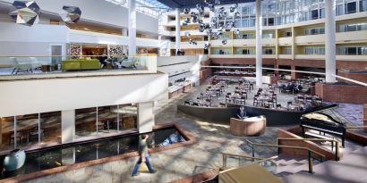 Lobby and coworking lounge at Hyatt Regency Princeton.