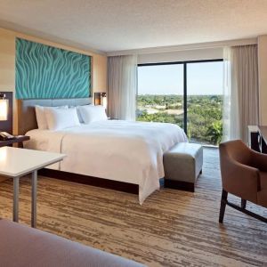 Day use room with work desk and sofa at Marriott Boca Raton.