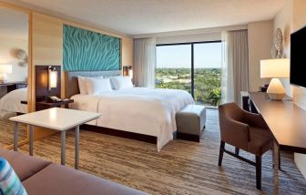 Day use room with work desk and sofa at Marriott Boca Raton.