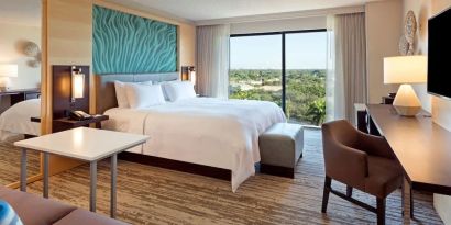 Day use room with work desk and sofa at Marriott Boca Raton.