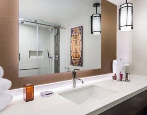 Guest bathroom with shower at Marriott Baton Rouge.