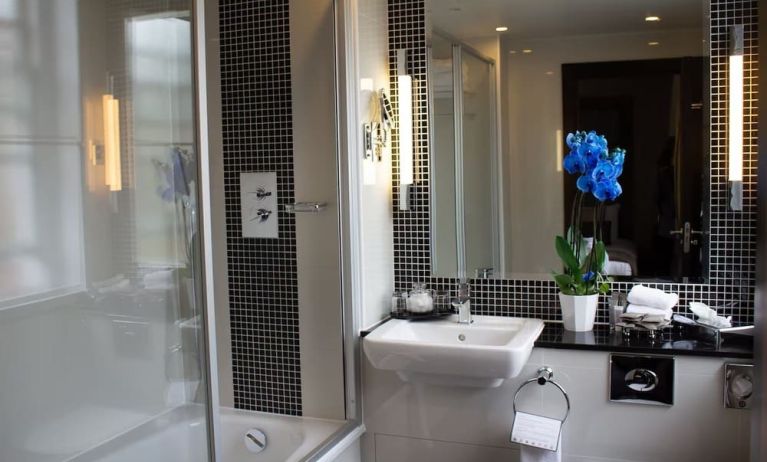 Guest bathroom with combined shower and tub at The Wellington by Blue Orchid Hotel (FKA The Rochester).