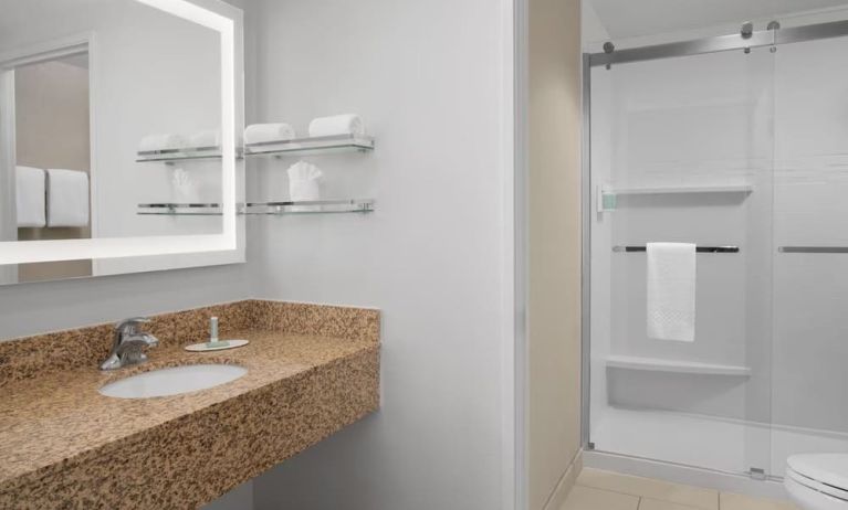 Guest bathroom with shower at Residence Inn Santa Clarita.