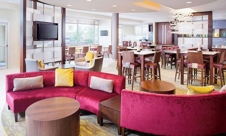 Lobby and coworking lounge at Springhill Suites Carle Place.