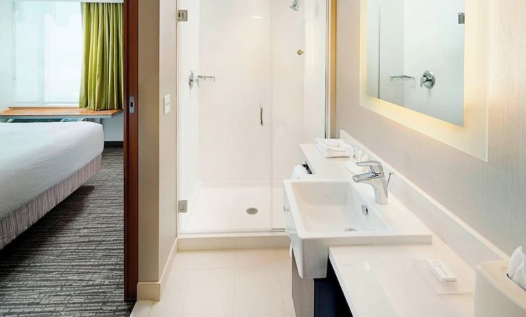 Guest bathroom with shower at Springhill Suites Carle Place.