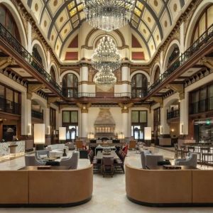 Lobby and coworking lounge at Union Station Hotel Nashville.