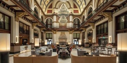 Lobby and coworking lounge at Union Station Hotel Nashville.