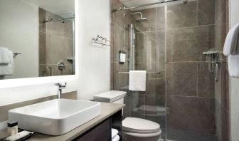 Guest bathroom with shower at Union Station Hotel Nashville.