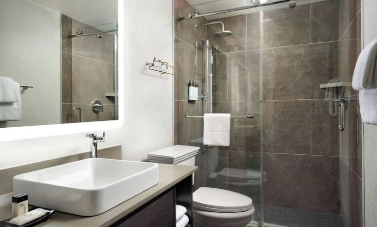 Guest bathroom with shower at Union Station Hotel Nashville.