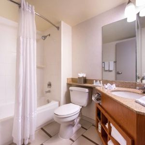 Guest bathroom with shower and tub at Fairfield Inn By Marriott Las Vegas Convention Center.
