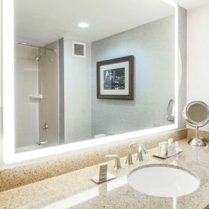 Guest bathroom with shower at DoubleTree By Hilton Austin University Area.