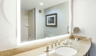 Guest bathroom with shower at DoubleTree By Hilton Austin University Area.