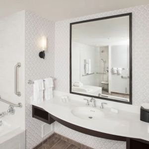 Guest bathroom with shower and tub at Hilton Garden Inn Burbank Downtown.